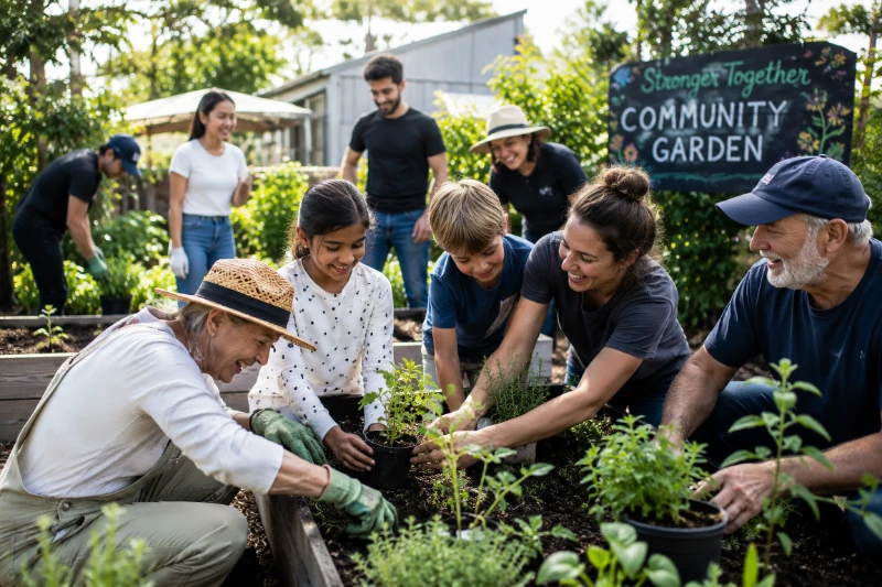 Community members tending a shared garden together