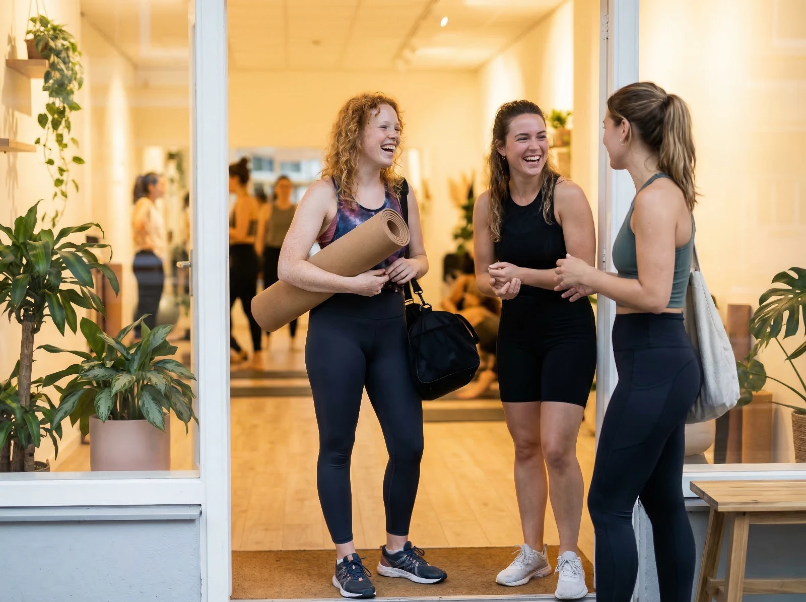 Three friends laughing together after a workout