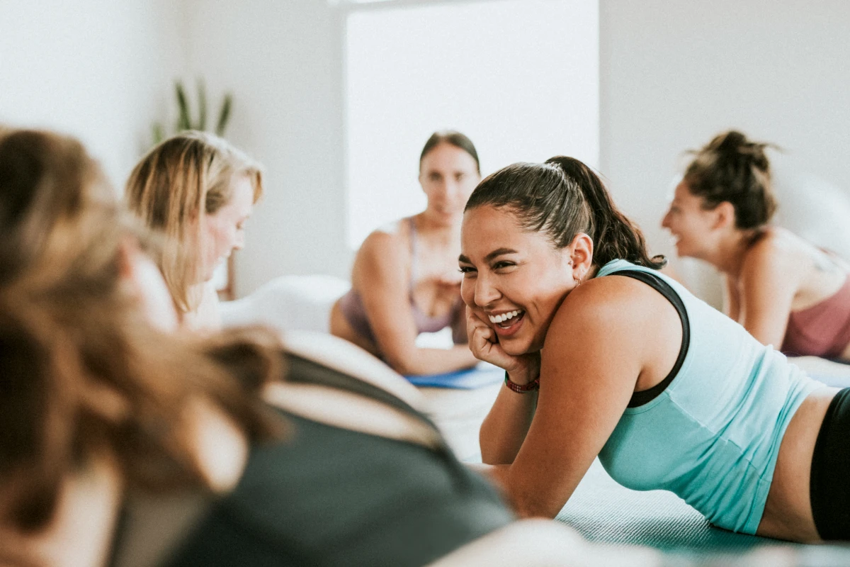 A cheerful group in a yoga class