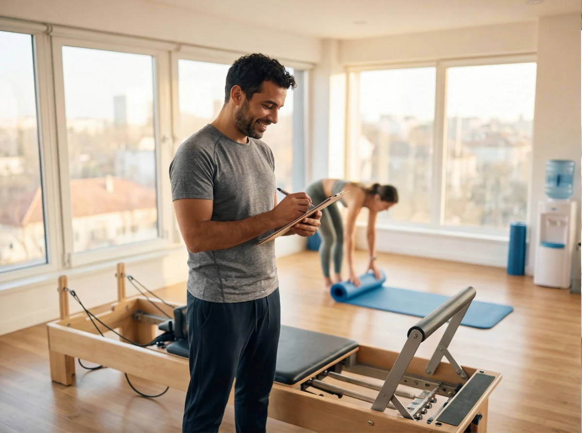 A trainer setting up a Pilates studio session